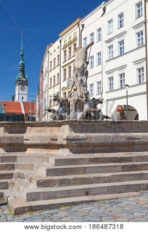 Olomouc Czech Republic - May 5 2017: View on the Dolni square of Olomouc Czech Republic Original name Dolni namesti. Famous unesco heritage city and tourist attraction.