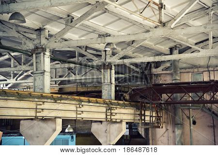 Old empty destroyed and abandoned factory, close up.