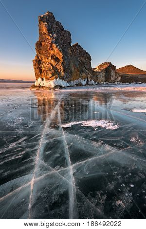 Famous Baikal Lake Ice and Island Oltrek at Sunrise Baikal Lake Russia