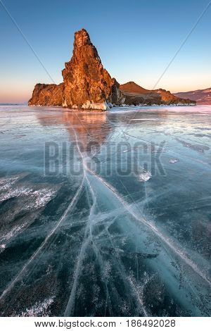 Famous Baikal Lake Ice and Island Oltrek at Sunrise Baikal Lake Russia