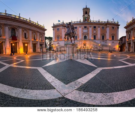 Piazza del Campidoglio and Emperor Marcus Aurelius Statue in the Morning Rome Italy