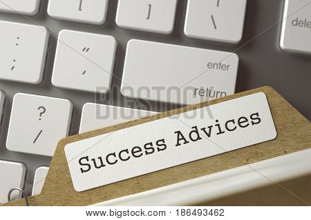 Success Advices. Archive Bookmarks of Card Index Overlies Modern Laptop Keyboard. Business Concept. Closeup View. Blurred Toned Image. 3D Rendering.