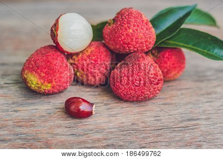 Fresh Litchi Fruit On An Old Wooden Background