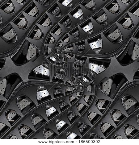 Car industry abstract fractal background pattern of sport car automobile wheel elements brake disk tire spokes. Linear industrial abstract fractal effect pattern background. Gray metal Droste effect