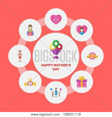 Happy Mothers Day. Flat Design Concept Includes Present, Emotion And Mam Symbols. Vector Festive Holiday Illustration.