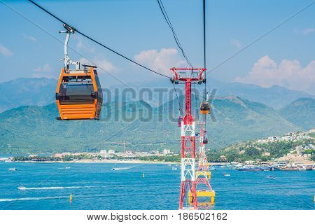 One Of The World's Longest Cable Car Over Sea Leading To Vinpearl Amusement Park, Nha Trang, Vietnam