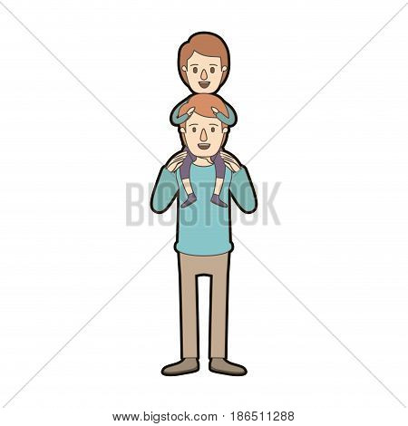 light color caricature thick contour young father with boy on his back vector illustration