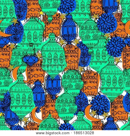 Hand Drawn Vector Ramadan Background. Colorful Seamless Pattern. Islamic Holiday. Lanterns stars crescent arabian style.