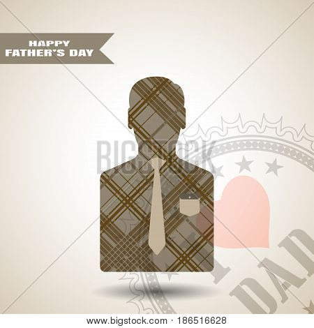 Happy Father's Day vector greeting poster with stamp man silhouette in jacket with brown line pattern pocket and tie on the gradient light brown background with stripe.