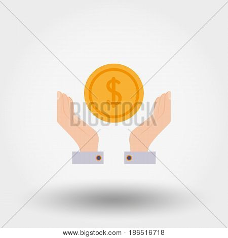 Protection of financial investments. Two hands and a dollar coin. Icon for web and mobile application. Vector illustration on a white background. Flat design style.