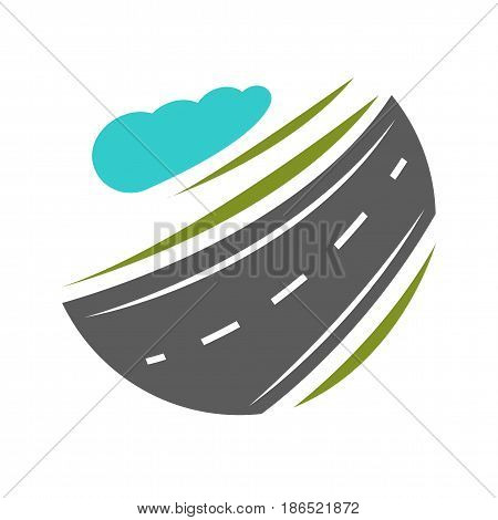 Way going forward and turning with abstract greenery on both side and cloud vector illustration isolated on white. Logotype with traditional road marking elements in flat design cartoon style.