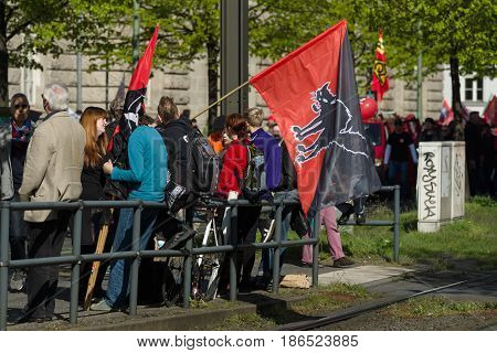 BERLIN - MAY 01 2016: Members of trade unions workers and employees at the demonstration on the occasion of Labour day.