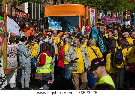 BERLIN - MAY 01 2016: Members of trade unions workers and employees at the demonstration on the occasion of Labour day.