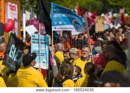 BERLIN - MAY 01 2016: Members of trade unions workers and employees at the demonstration on the occasion of Labour day.