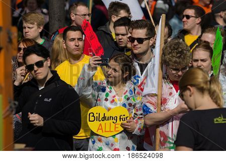 BERLIN - MAY 01 2016: Members of trade unions workers and employees at the demonstration on the occasion of Labour day.