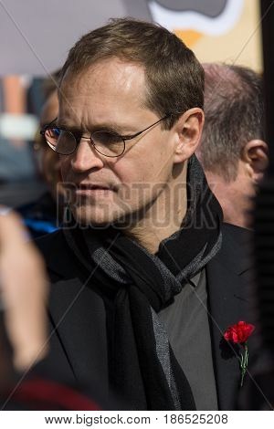 BERLIN - MAY 01 2016: Governing Mayor of Berlin Michael Mueller. Members of trade unions workers and employees at the demonstration on the occasion of Labour day.