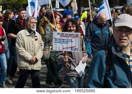 BERLIN - MAY 01 2016: Members of trade unions workers and employees at the demonstration on the occasion of Labour day.