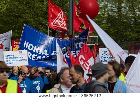 BERLIN - MAY 01 2016: Members of trade unions workers and employees at the demonstration on the occasion of Labour day.