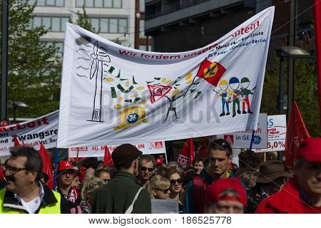 BERLIN - MAY 01 2016: Members of trade unions workers and employees at the demonstration on the occasion of Labour day.