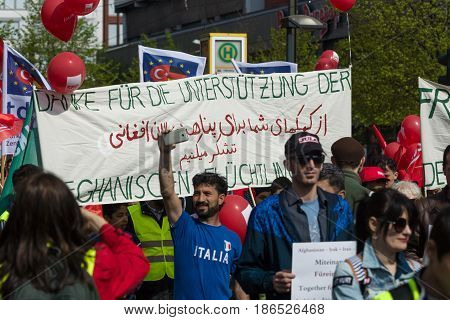 BERLIN - MAY 01 2016: Members of trade unions workers and employees at the demonstration on the occasion of Labour day.