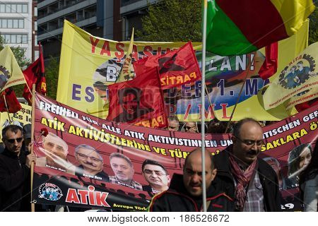 BERLIN - MAY 01 2016: Members of trade unions workers and employees at the demonstration on the occasion of Labour day.
