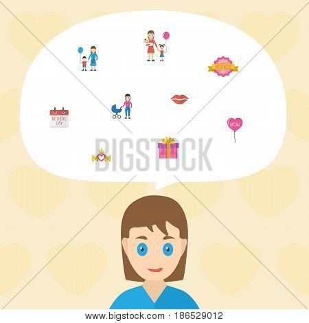 Happy Mother's Day Flat Layout Design With Special Day, Woman And Son Symbols. Lovely Mom Beautiful Feminine Design For Social, Web And Print.