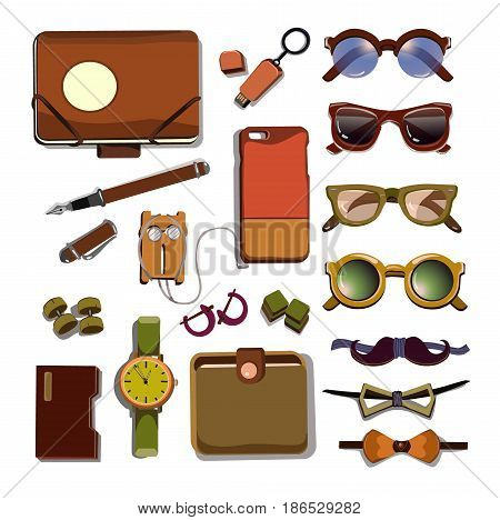 Trendy hipster accesories set with colorful glasses device cases cufflinks flash drive clock pen bow ties headphone isolated vector illustration