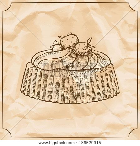 Sweet retro cake with strawberries and wipped cream. Treat for the birthday. Vector hand drawn illustration. T-shirt printing. Old paper background