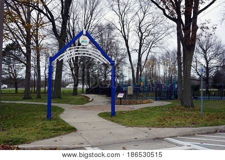 NEW BUFFALO, MICHIGAN / UNITED STATES - NOVEMBER 20, 2016: A play ground, designed for children of all abilities, is available for travelers in the New Buffalo Welcome Center 707 rest area.