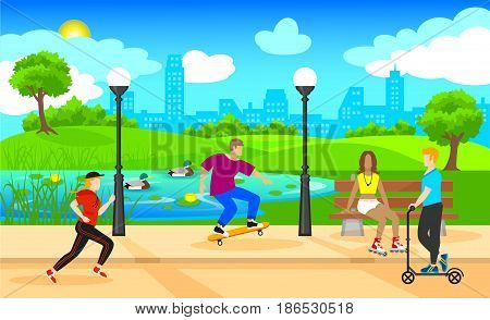 Colorful active leisure background with people running and riding rollers scooter skateboard in city park vector illustration