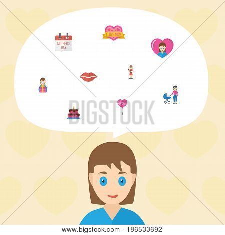 Happy Mother's Day Flat Layout Design With Pastry, Kiss And Mam Symbols. Lovely Mom Beautiful Feminine Design For Social, Web And Print.