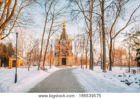 Gomel, Belarus. Chapel-tomb Of Paskevich 1870-1889 Years In City Park At Sunny Winter Morning.