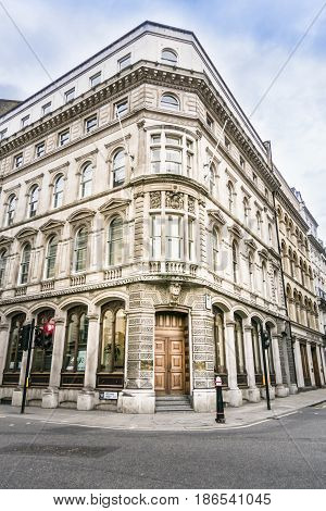 LONDON, UK, 19TH NOVEMBER 2016 - Ornate building on the corner of King Street and Gresham Street London UK