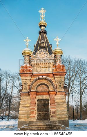 Chapel-tomb of Paskevich 1870-1889 years in Gomel, Belarus. Winter season