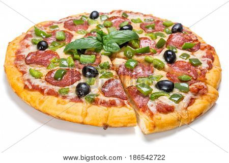 Sliced Pepperoni Pizza with Green pepper and Black Olives  isolated on white