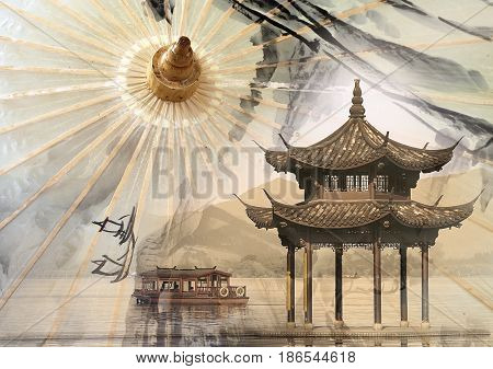 Chinese Xihu lake in Hangzhou and traditional paper umbrella