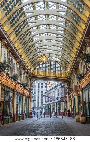 LONDON, UK, 19TH NOVEMBER 2016 - Leadenhall market covered shopping arcade dating back to the 14th Century in the city of London