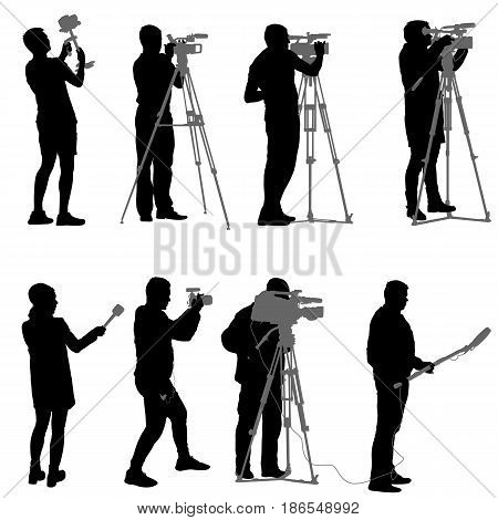 Set cameraman with video camera. Silhouettes on white background.