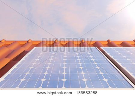 3D illustration solar panels on a red roff, power generation technology. Alternative energy. Solar battery panel modules with scenic sunset with blue sky with sun light