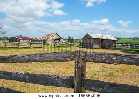 Old farm sheds beyond post and rail fences in rustic rural scene from road in country Australia between Ulmarra and Yamba.