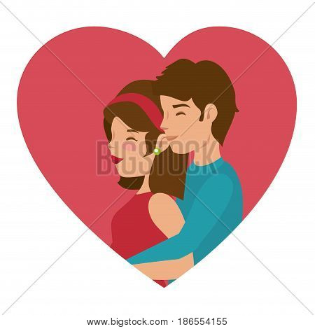 Boyfriend hugging from girlfriend from behind and heart over white background. Vector illustration.