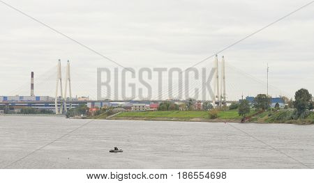 The Great Obukhov cable-stayed bridge and Neva River in St.Petersburg Russia.