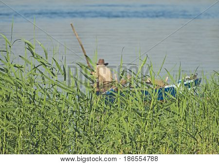 Traditional egyptian bedouin fisherman in rowing boat on river Nile fishing by riverbank grass reeds