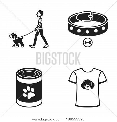 A man walks with a dog, a collar with a medal, food, a T-shirt I love dog.Dog set collection icons in black style vector symbol stock illustration .
