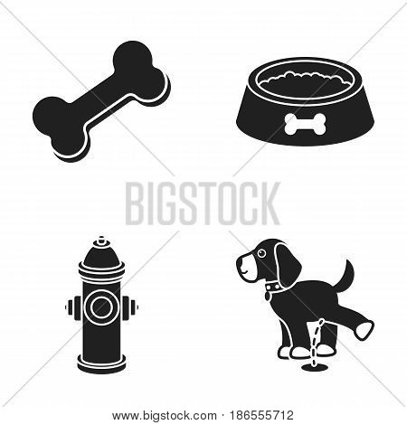 A bone, a fire hydrant, a bowl of food, a pissing dog.Dog set collection icons in black style vector symbol stock illustration .
