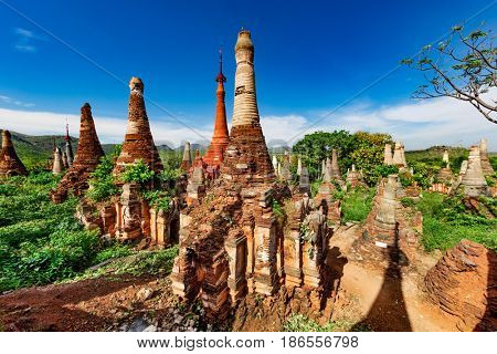 stupas of the Shwe Inn Dein Pagoda at Inle Lake Shan state in Myanmar (Burma)