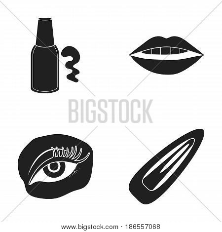 Nail polish, tinted eyelashes, lips with lipstick, hair clip.Makeup set collection icons in black style vector symbol stock illustration .