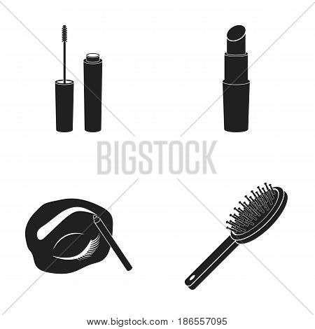 Mascara, hairbrush, lipstick, eyebrow pencil, Makeup set collection icons in black style vector symbol stock illustration .