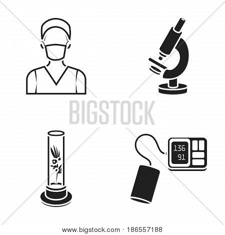 Plant in vitro, nurse, microscope, tonometer. Medicine set collection icons in black style vector symbol stock illustration .