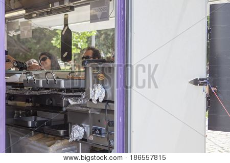 Merida Spain - May 14 2017: Food truck kitchen indoors in the historical city of Merida Extremadura Spain